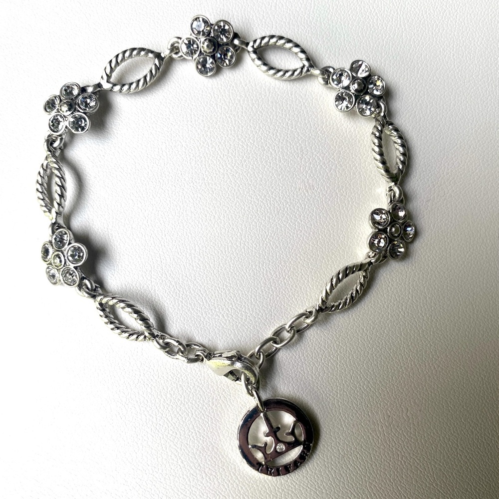 Vintage Trifari Silver Floral Rhinestone Bracelet with Crown Trifari Charm